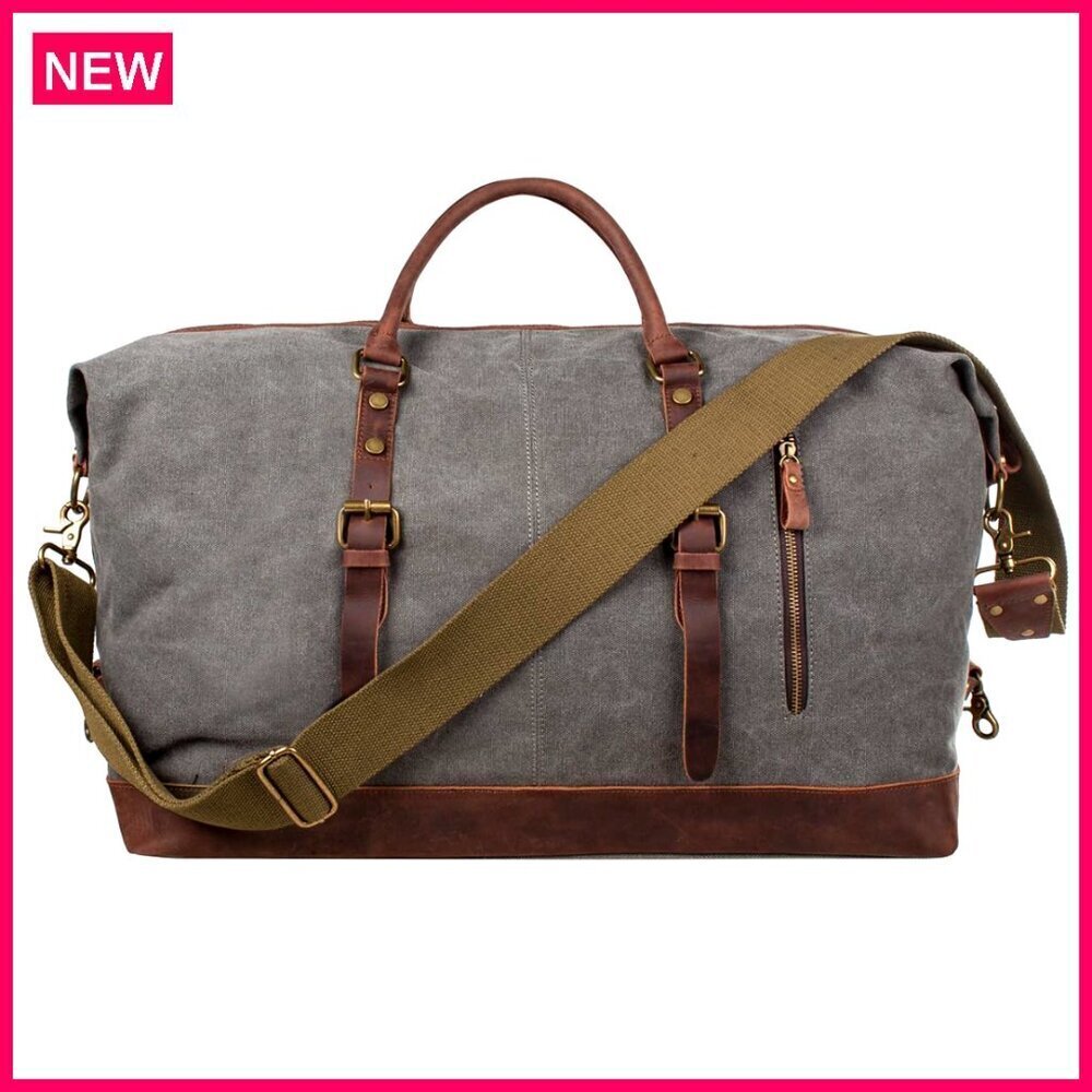 Large Canvas Duffel Bag with Leather Trim, Carry-On Size Weekender Travel Bag